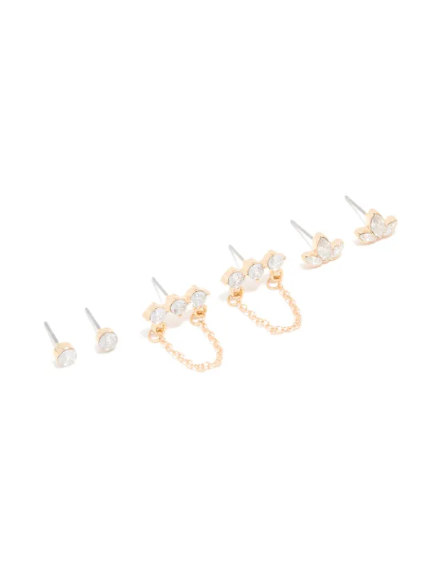 Gold Cubic Zirconia Stud & Chain Earrings 3-Pack sold by lovisa