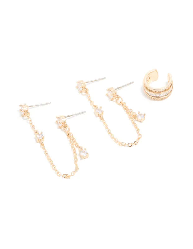 Gold Cubic Zirconia Double Chain Earrings & Ear Cuff 3-Pack made by lovisa