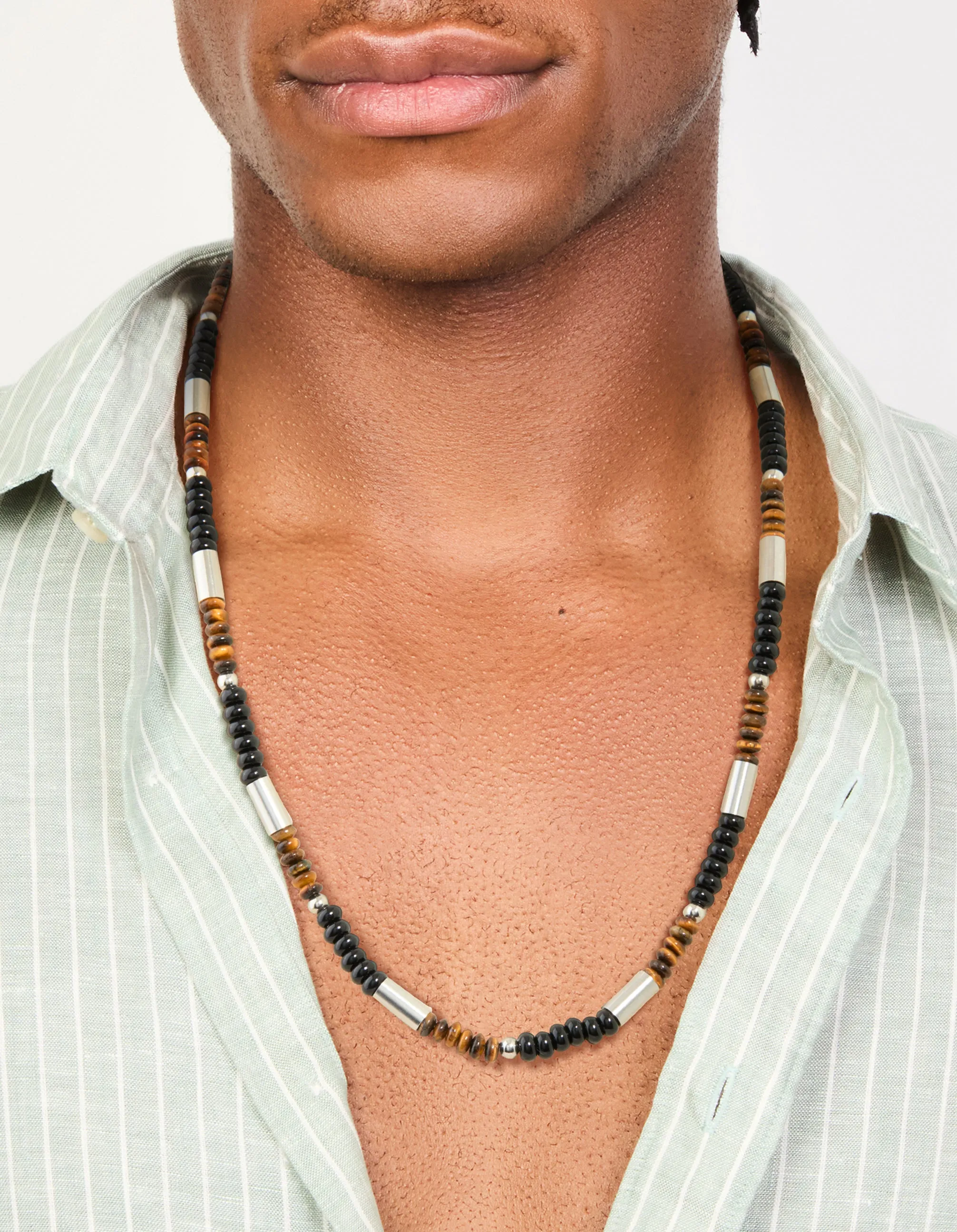 Mens Waterproof Stainless Steel Tigers Eye Semi Precious Stone & Black Beaded Necklace sold by lovisa product image thumbnail 2