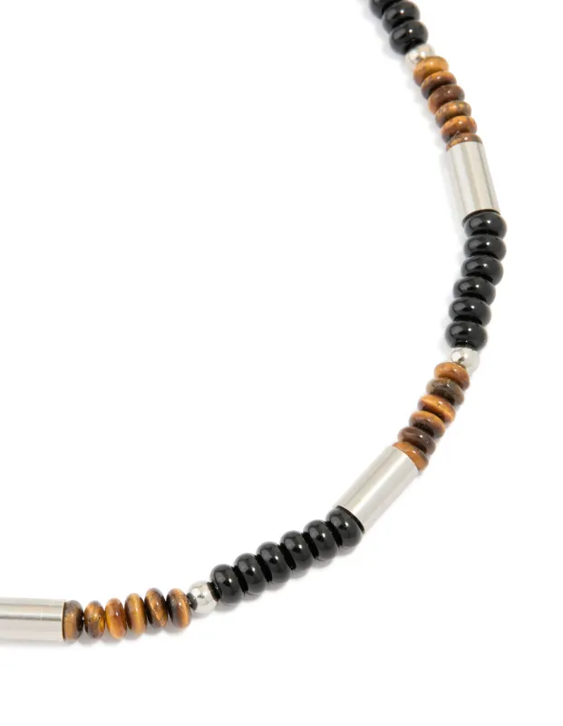 Mens Waterproof Stainless Steel Tigers Eye Semi Precious Stone & Black Beaded Necklace made by lovisa