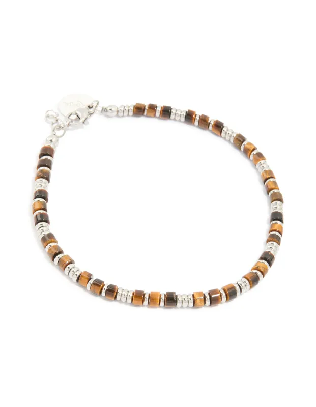 Mens Waterproof Stainless Steel Semi Precious Tiger's Eye Beaded Bracelet sold by lovisa