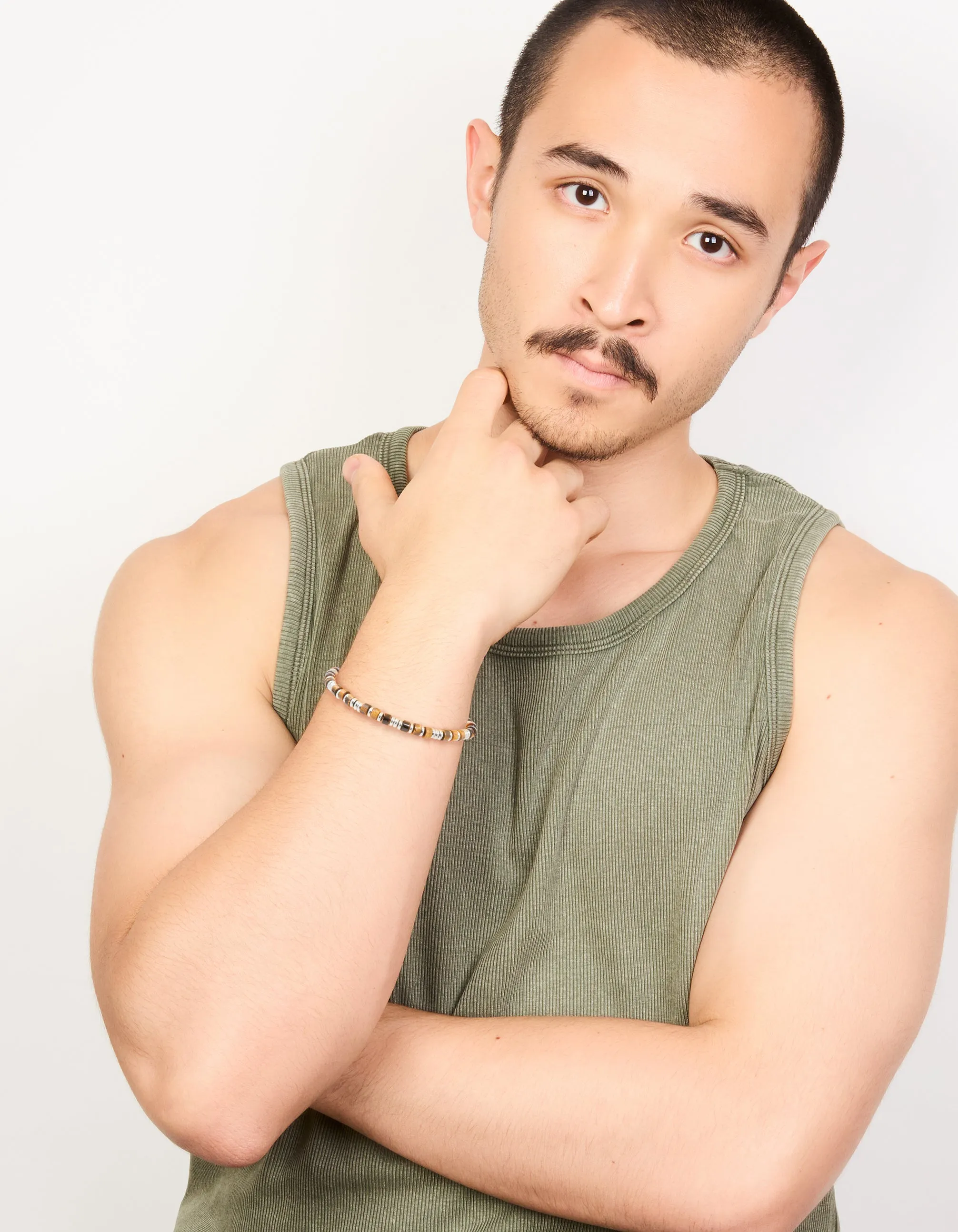 Mens Waterproof Stainless Steel Semi Precious Tiger's Eye Beaded Bracelet sold by lovisa product image thumbnail 3