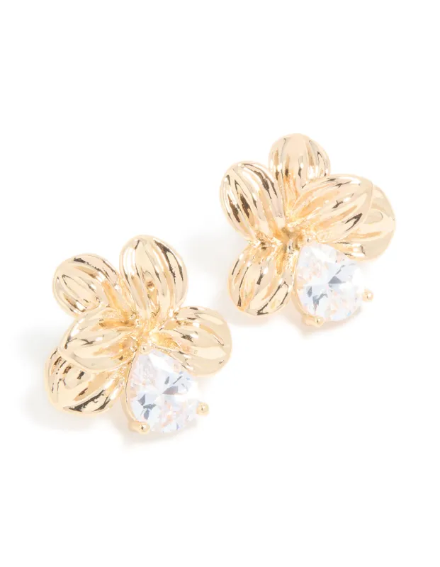 Gold Cubic Zirconia Large Flower Stud Earrings sold by lovisa