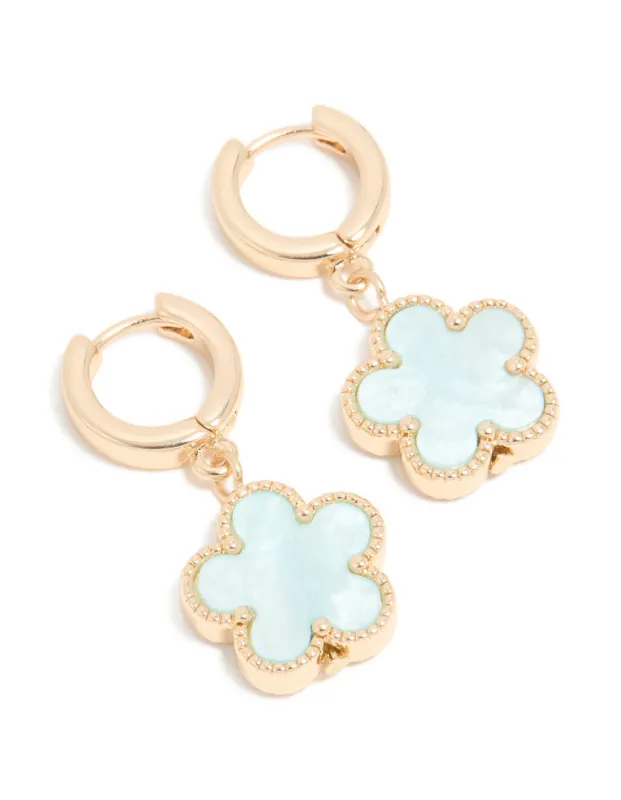 Gold Light Blue Flower Drop Huggie Earrings sold by lovisa