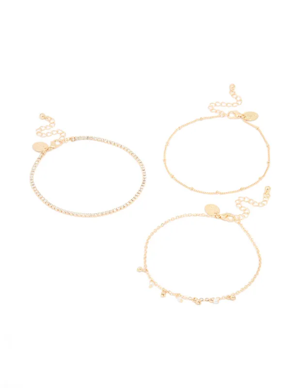 Gold Diamante & Pearl Anklets 3-Pack sold by lovisa
