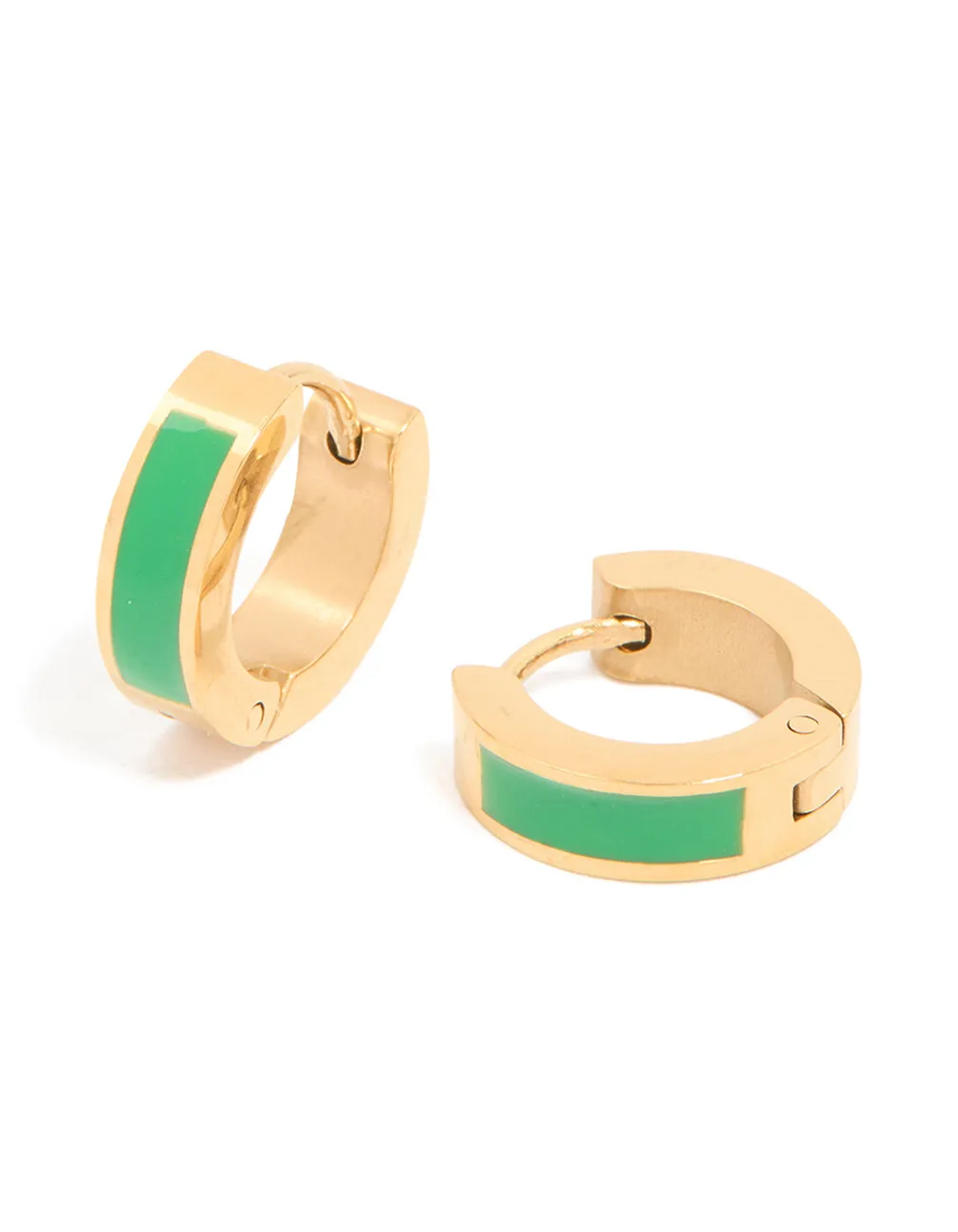 Waterproof Gold Plated Stainless Steel Small Green Enamel Inlay Huggie Earrings sold by lovisa