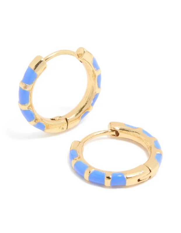 Waterproof Gold Plated Stainless Steel Blue Enamel Bamboo Huggie Earrings sold by lovisa