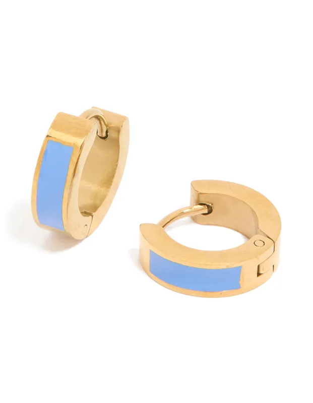 Waterproof Gold Plated Stainless Steel Small Blue Enamel Inlay Huggie Earrings sold by lovisa