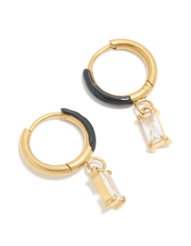 Waterproof Gold Plated Stainless Steel Black Enamel Cubic Zirconia Charm Huggie Earrings sold by lovisa