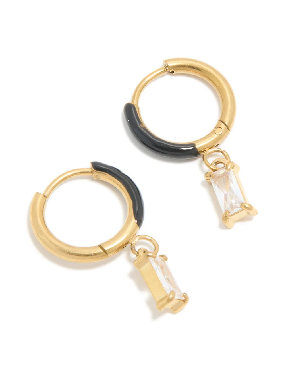 Waterproof Gold Plated Stainless Steel Black Enamel Cubic Zirconia Charm Huggie Earrings sold by lovisa