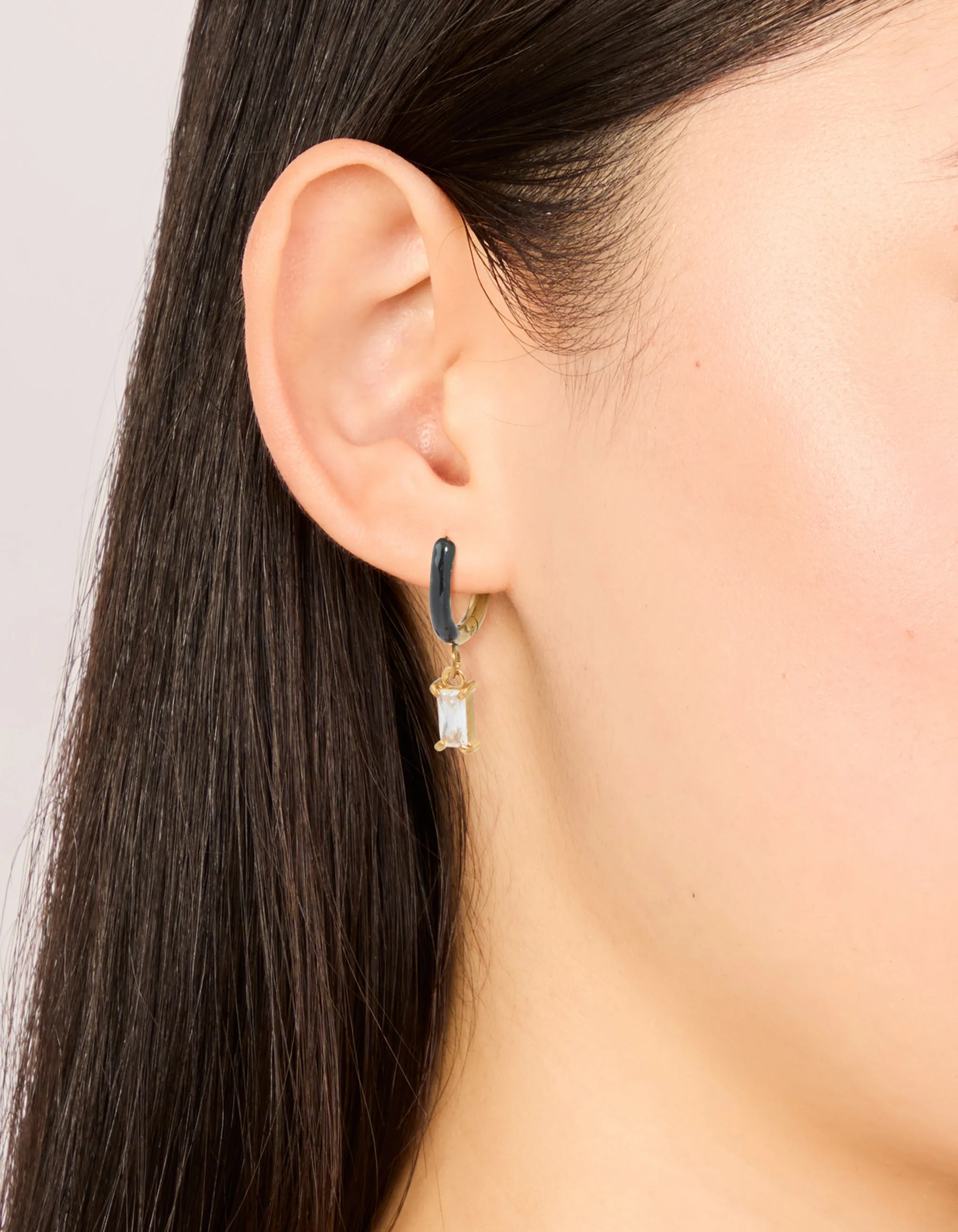 Waterproof Gold Plated Stainless Steel Black Enamel Cubic Zirconia Charm Huggie Earrings sold by lovisa product image thumbnail 2