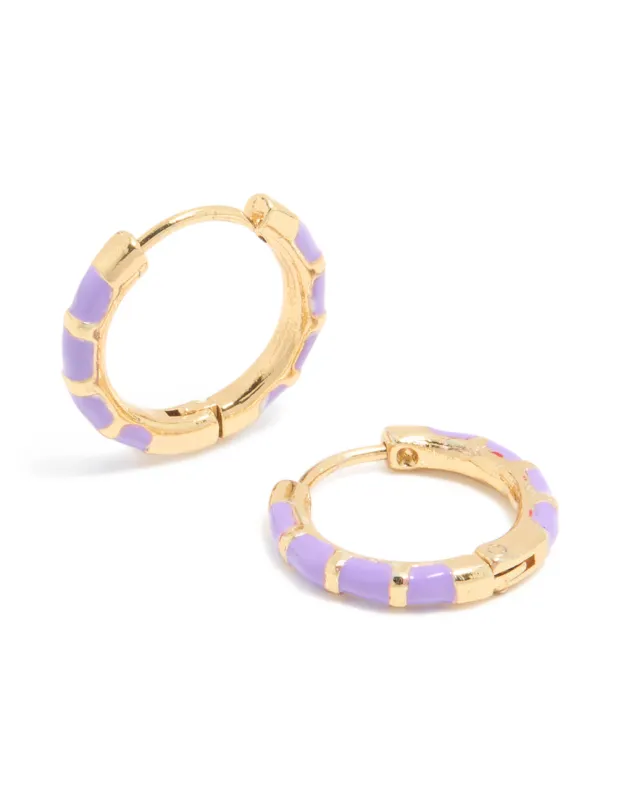 Waterproof Gold Plated Stainless Steel Purple Enamel Bamboo Huggie Earrings sold by lovisa