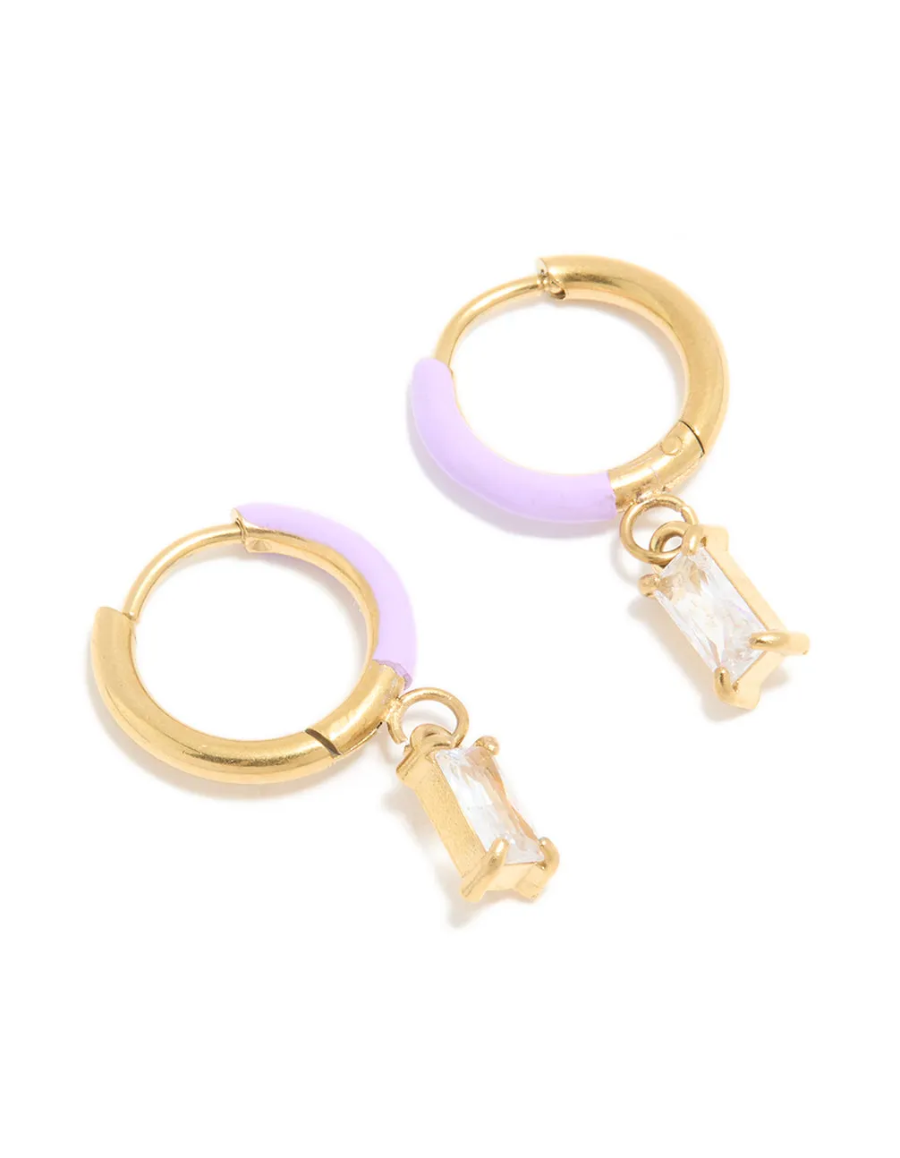 Waterproof Gold Plated Stainless Steel Purple Enamel Cubic Zirconia Charm Huggie Earrings sold by lovisa