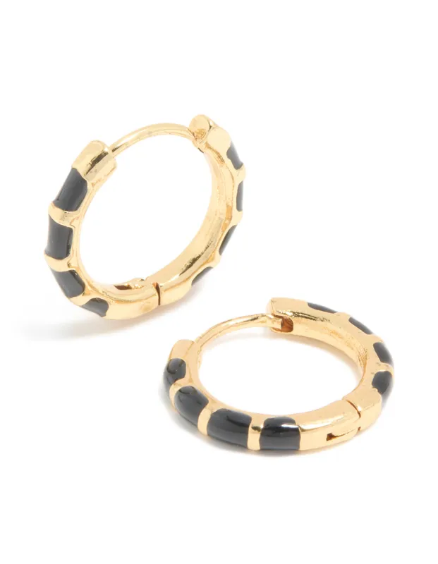 Waterproof Gold Plated Stainless Steel Black Enamel Bamboo Huggie Earrings sold by lovisa