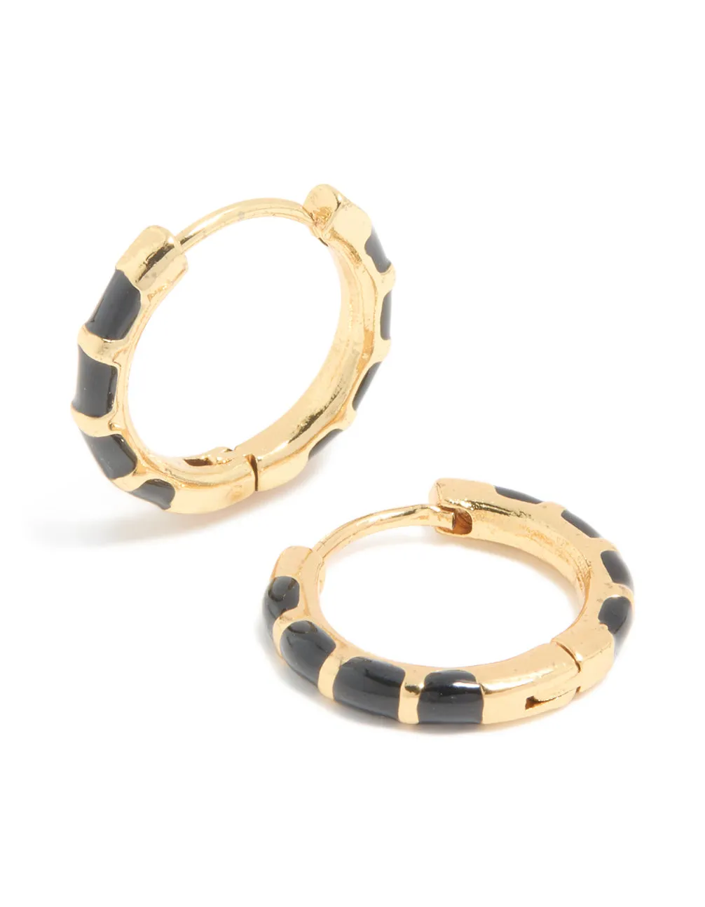 Waterproof Gold Plated Stainless Steel Black Enamel Bamboo Huggie Earrings sold by lovisa