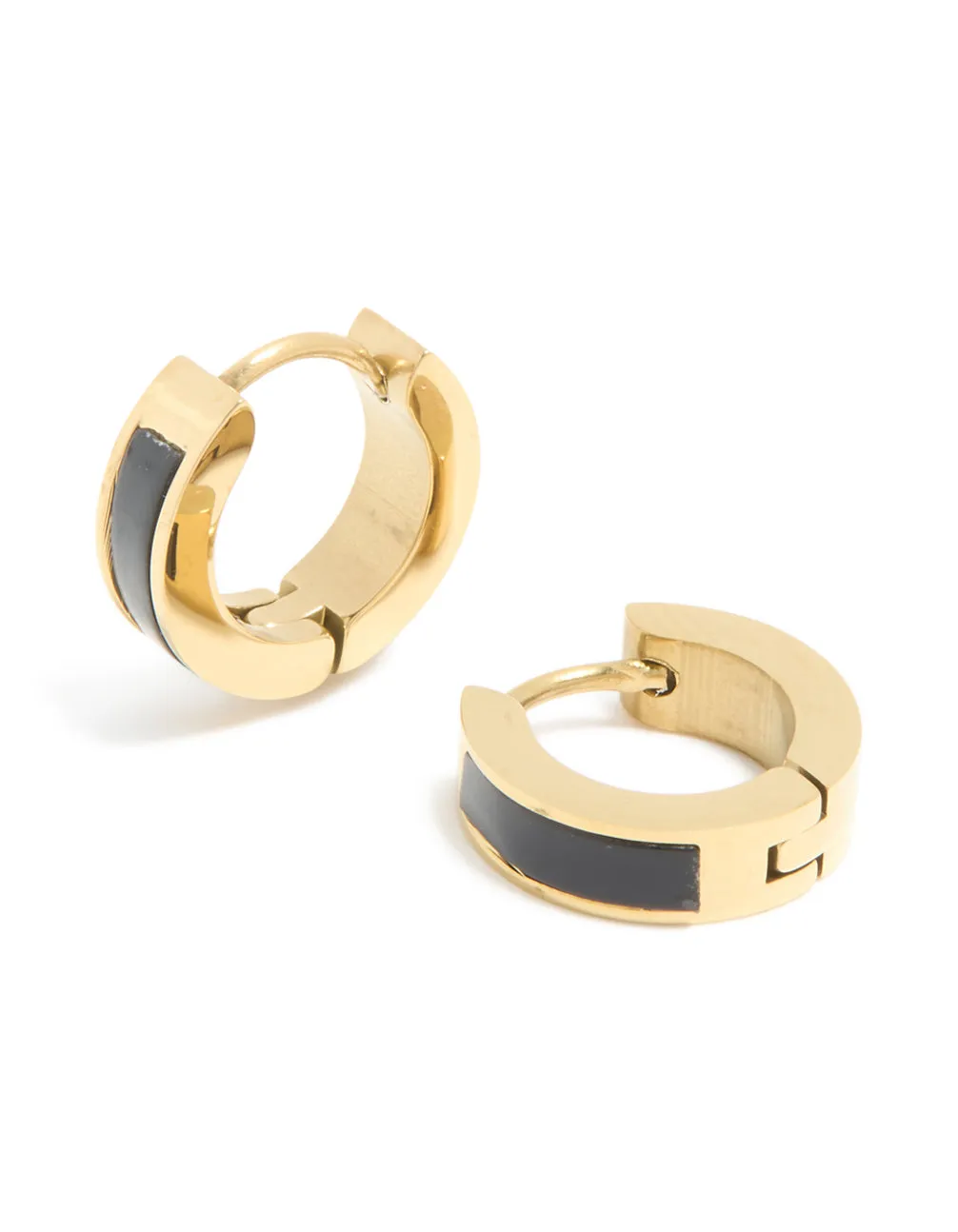 Waterproof Gold Plated Stainless Steel Small Black Enamel Inlay Huggie Earrings sold by lovisa