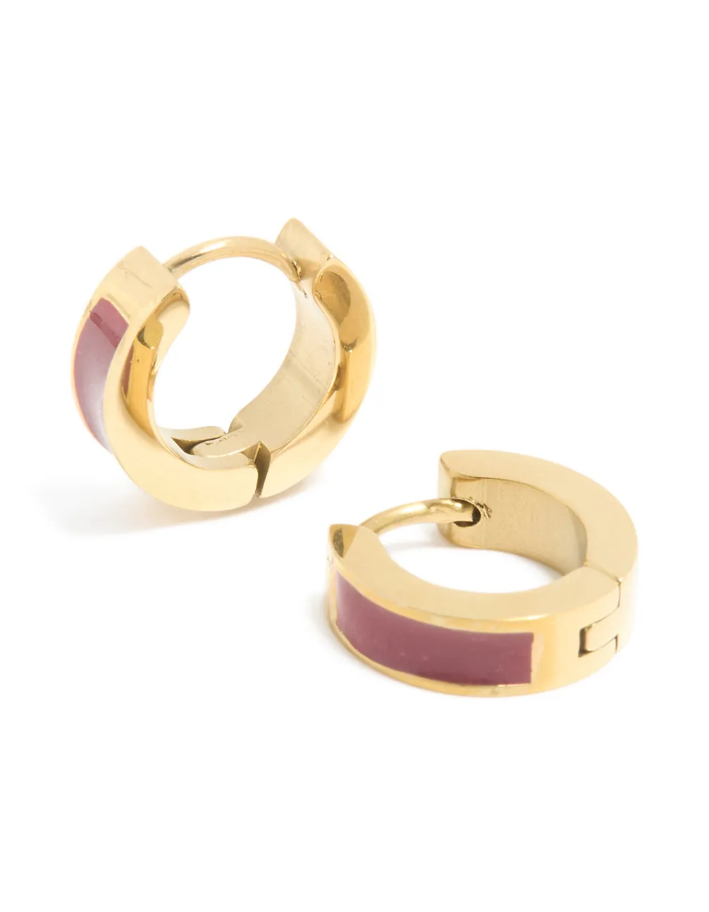 Waterproof Gold Plated Stainless Steel Small Burgundy Red Enamel Inlay Huggie Earrings sold by lovisa