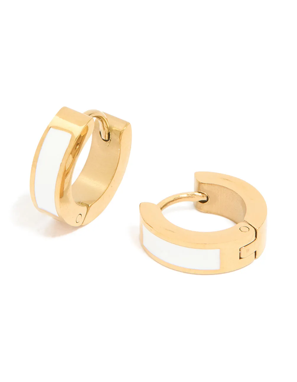 Waterproof Gold Plated Stainless Steel Small White Enamel Inlay Huggie Earrings sold by lovisa