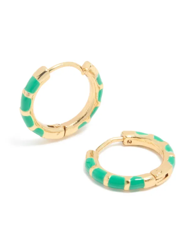 Waterproof Gold Plated Stainless Steel Bamboo Green Enamel Huggie Earrings sold by lovisa