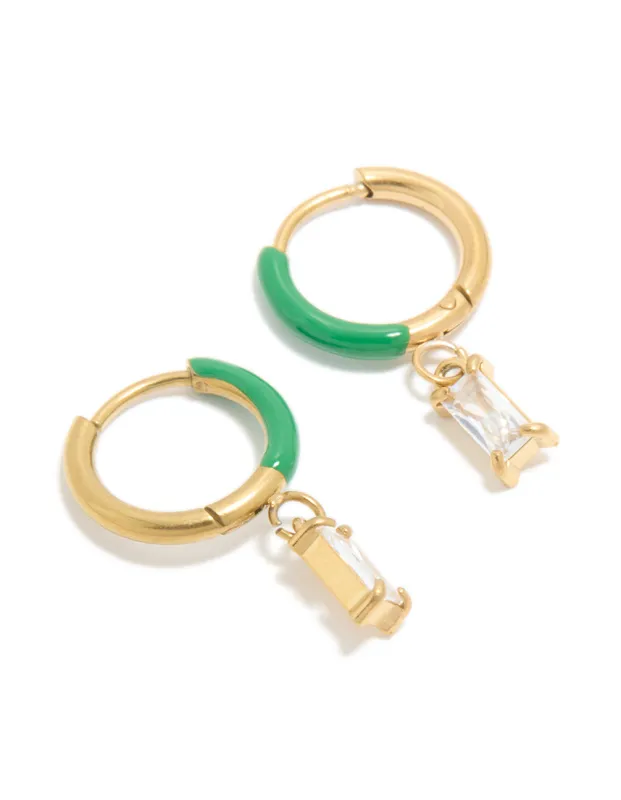 Waterproof Gold Plated Stainless Steel Emerald Green Enamel Cubic Zirconia Charm Huggie Earrings sold by lovisa