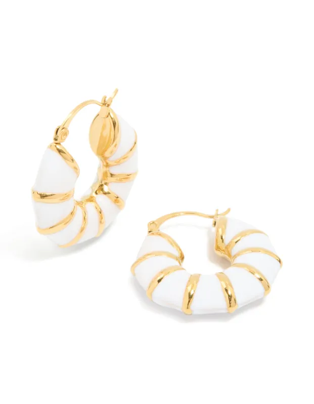 Waterproof Gold Plated Stainless Steel Bamboo White Enamel Huggie Earrings sold by lovisa