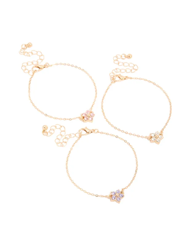 Gold Diamante Flowers Bracelet 3-Pack made by lovisa