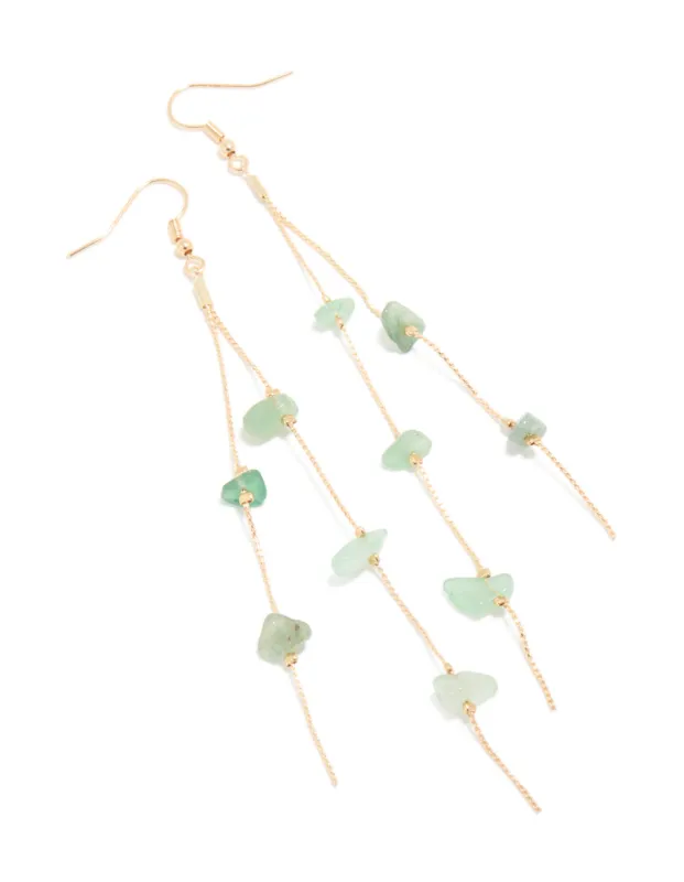 Gold Green Semi Precious Stone Chip & Chain Drop Earrings made by lovisa