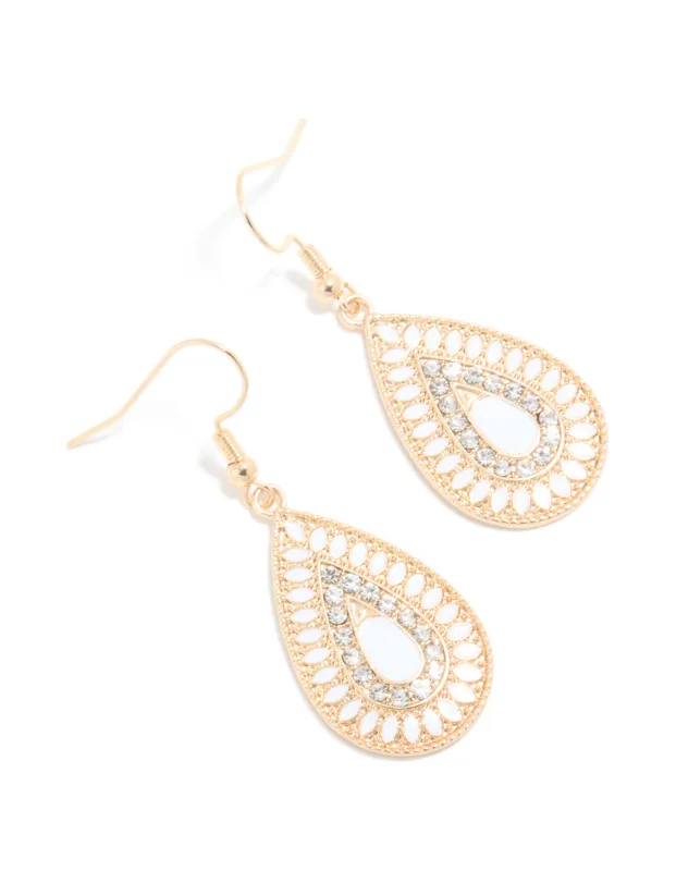 Gold Diamante Teardrop Filigree Drop Earrings made by lovisa