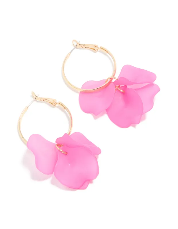 Gold Pink Acrylic Flower Petal Drop Hoop Earrings sold by lovisa