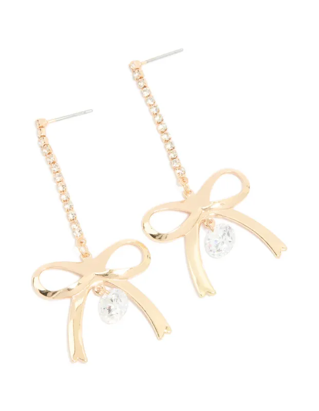 Gold Diamante Cup Chain Bow Drop Earrings sold by lovisa