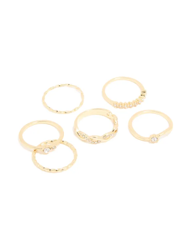 Gold Plated Diamante Twisted Rings 6-Pack made by lovisa