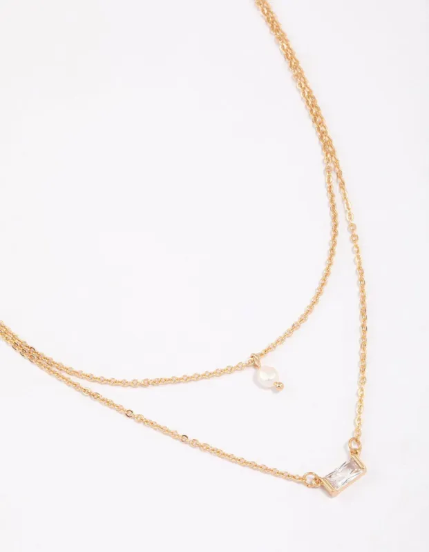 Gold Baguette Pearl Layered Necklace & Polishing Set sold by lovisa
