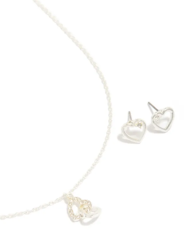 Silver Link Heart Diamante Necklace & Heart Earrings Set made by lovisa
