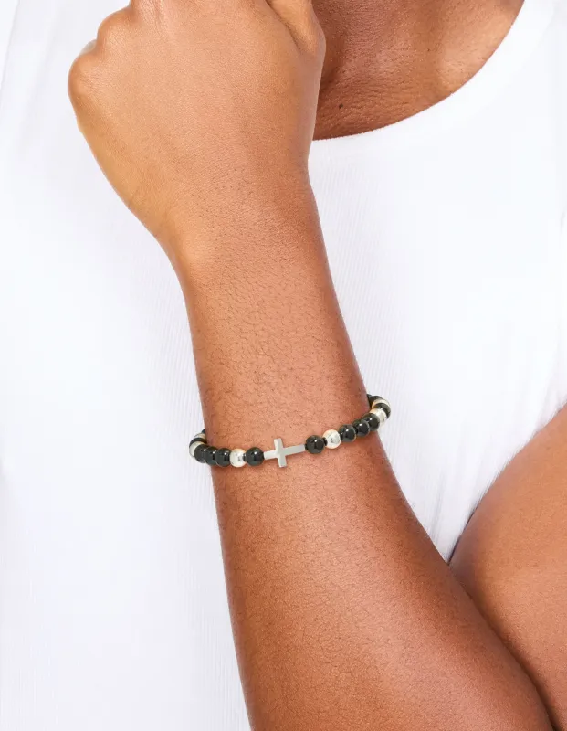 Mens Waterproof Stainless Steel Black Beaded & Cross Cord Bracelet made by lovisa