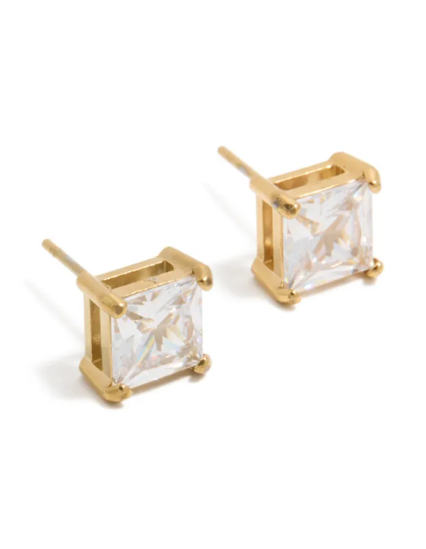 Mens Waterproof Gold Plated Stainless Steel Large Square Cubic Zirconia Stud Earrings made by lovisa