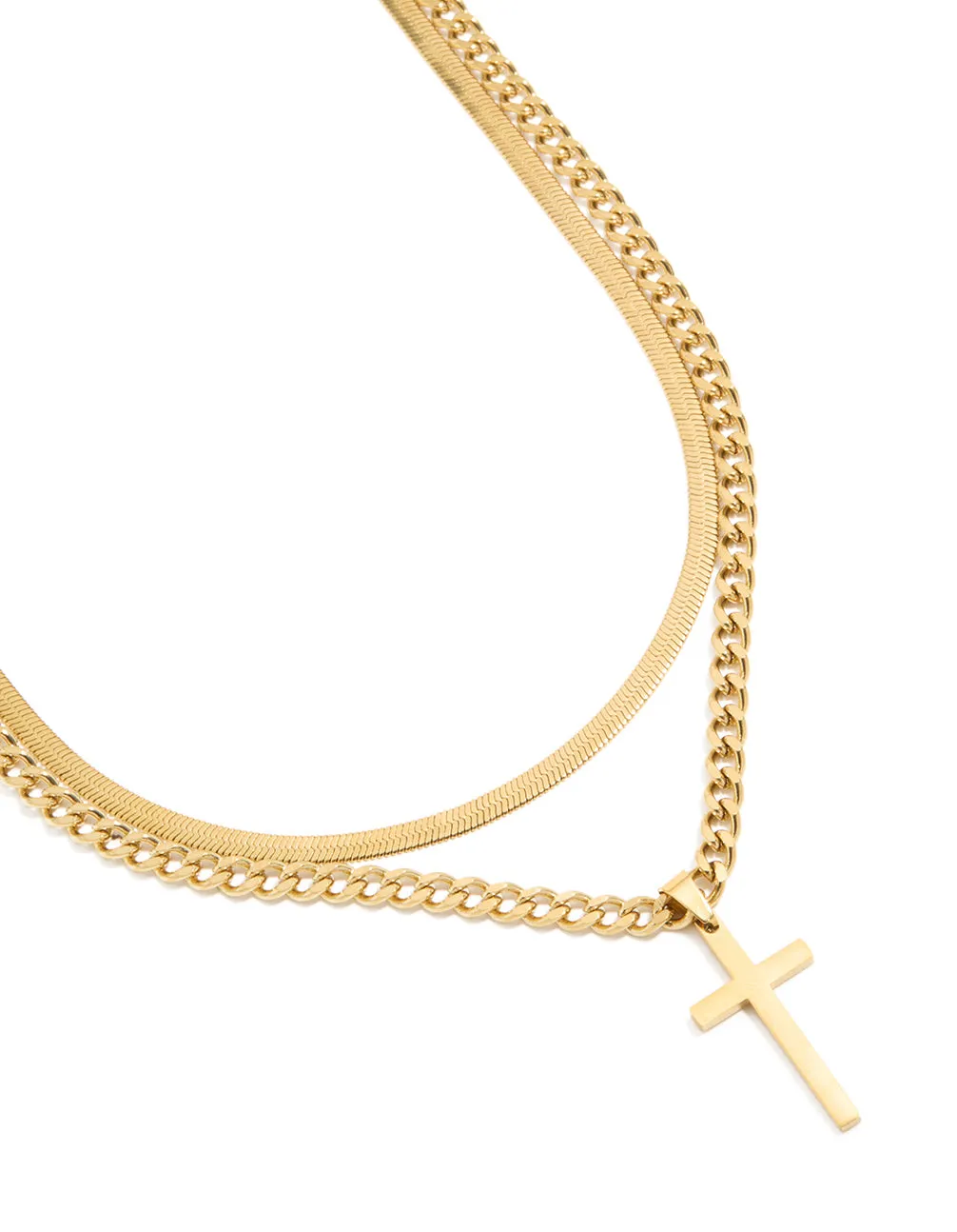Mens Waterproof Gold Plated Stainless Steel Cross & Snake Chain Layered Necklace sold by lovisa