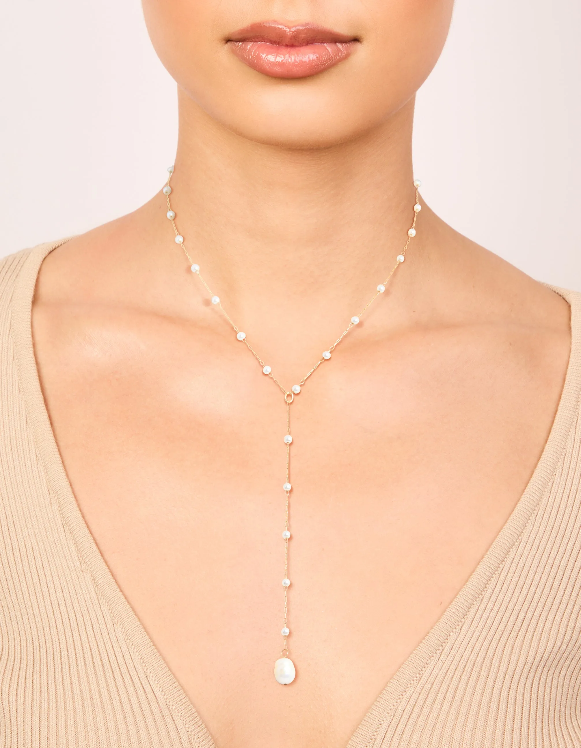 Waterproof Gold Plated Stainless Steel Pearl Y-Necklace sold by lovisa