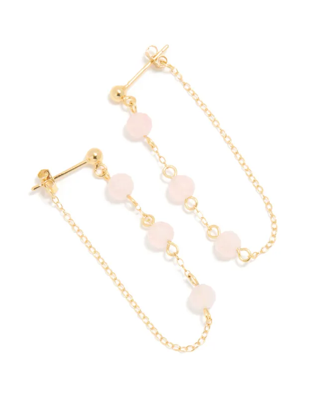 Gold Plated Sterling Silver Pink Rose Quartz Semi Precious Stone Long Drop Earrings made by lovisa
