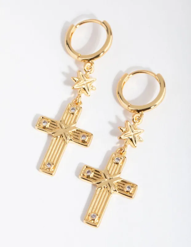 18ct Gold Plated Cubic Zirconia Cross Huggie Earrings sold by lovisa