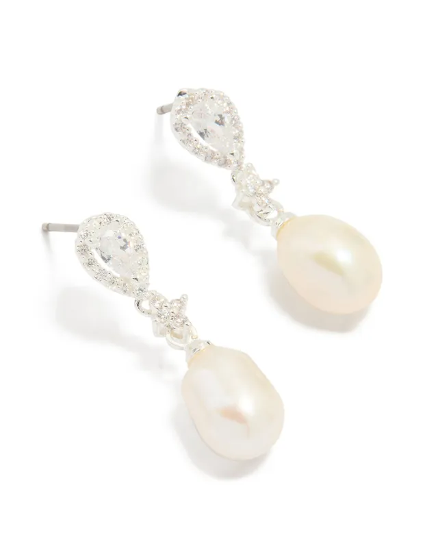 Silver Plated Cubic Zirconia Halo Pearl Drop Earrings made by lovisa