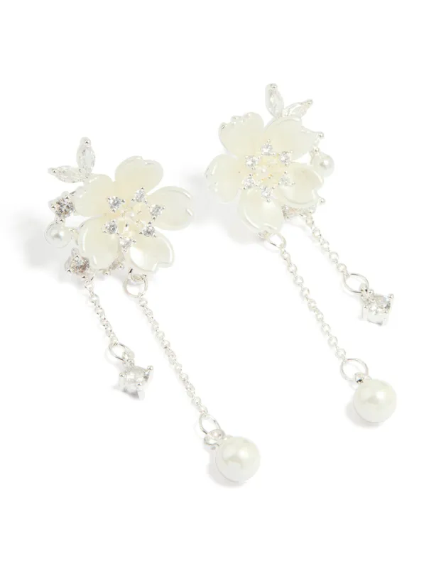 Silver Plated Cubic Zirconia & Pearl Flower Drop Earrings made by lovisa