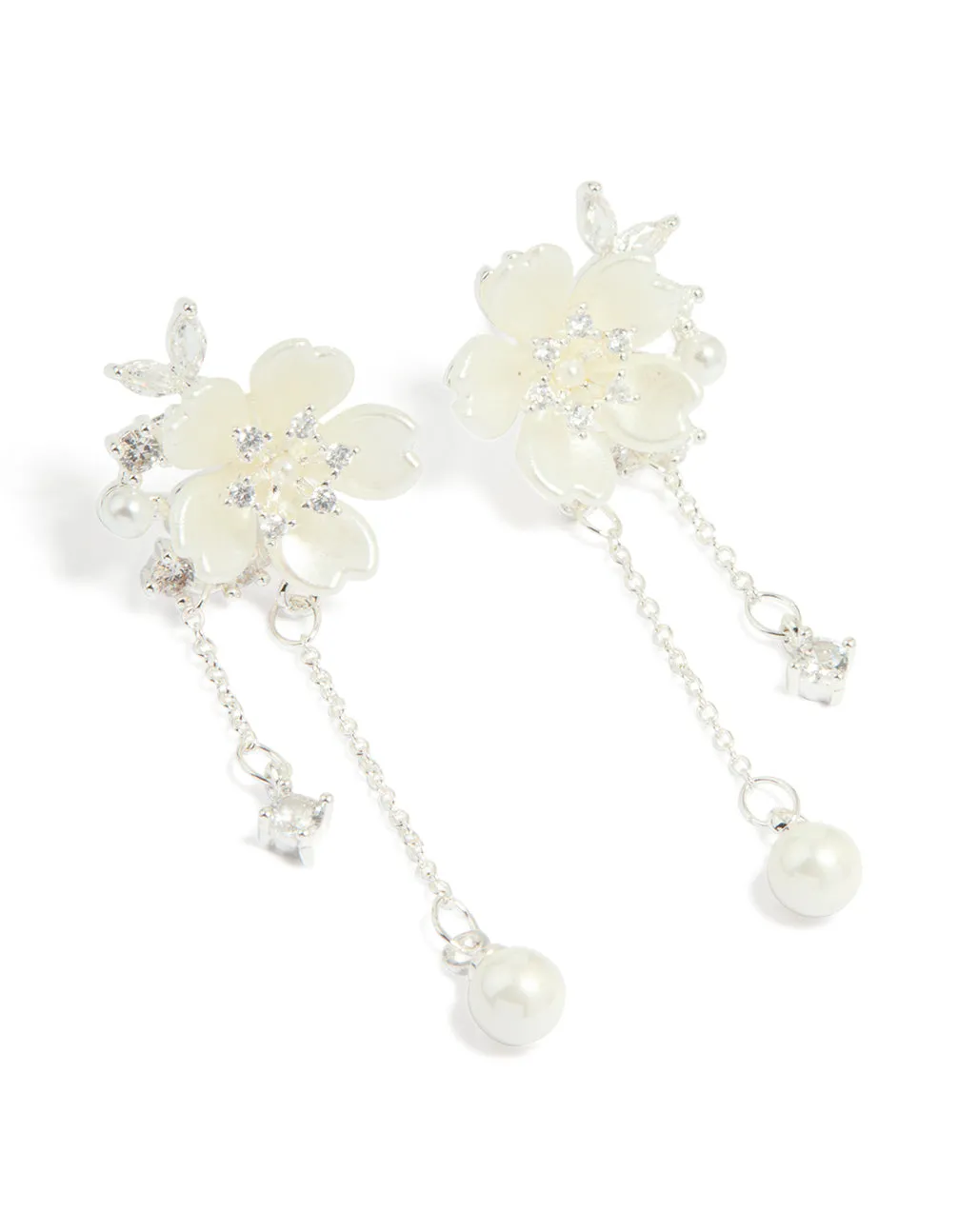 Silver Plated Cubic Zirconia & Pearl Flower Drop Earrings sold by lovisa