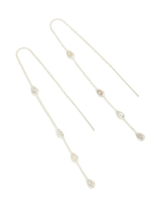 Silver Plated Station Pear Cubic Zirconia  Threader Earrings made by lovisa