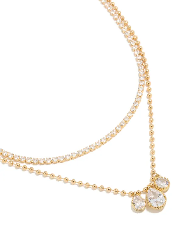 Gold Plated Cubic Zirconia Tennis & Droplets Layered Necklace made by lovisa