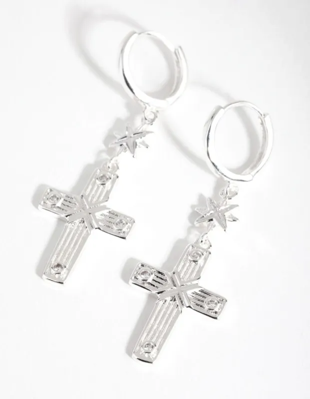 Silver Plated Cubic Zirconia Cross Star Huggie Earrings sold by lovisa