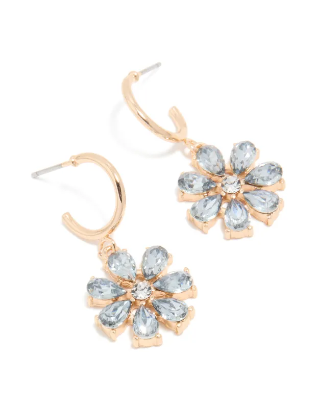 Gold Blue Diamante Flower Hoop Earrings made by lovisa