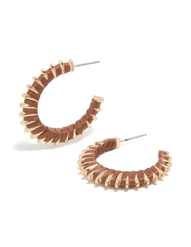 Gold Textured Lined Brown Hoop Earrings made by lovisa