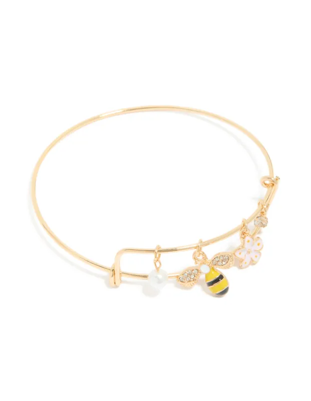 Gold Bee & Flower Charm Bangle made by lovisa