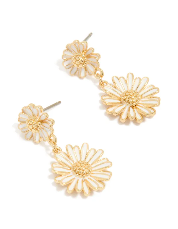 Gold Plated White Enamel Double Daisy Drop Earrings made by lovisa