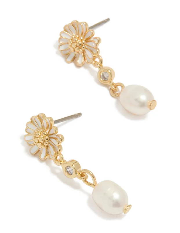 Gold Plated White Enamel Daisy & Freshwater Pearl Drop Earrings made by lovisa